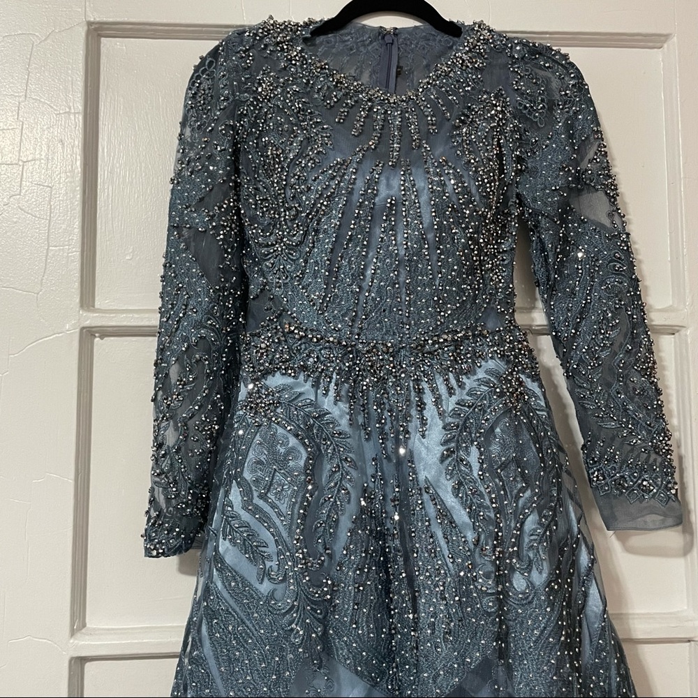 Slate Rusty Blue Gown Silver Beading & Lace Embroidered Design - Picture 2 of 4
